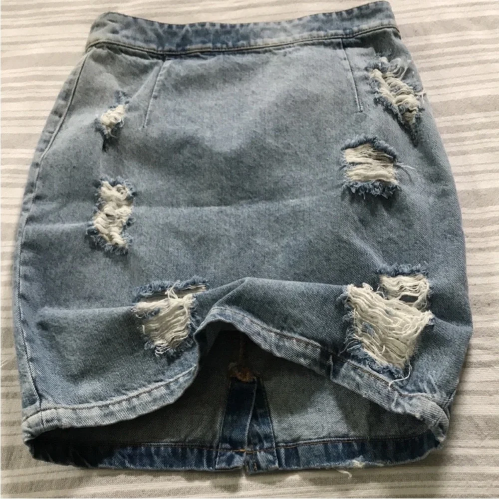 IRO distressed ripped denim jean pencil skirt